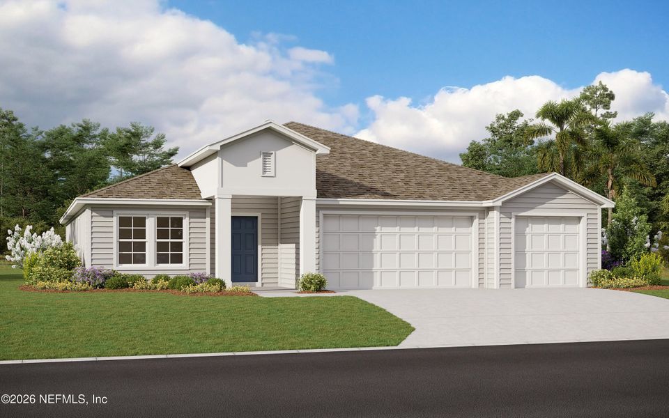 Front exterior of a new home in Amberly, Green Cove Springs, FL, highlighting curb appeal (Image 2). Front exterior of a new home in Amberly, Green Cove Springs, FL, highlighting curb appeal (Image 2).