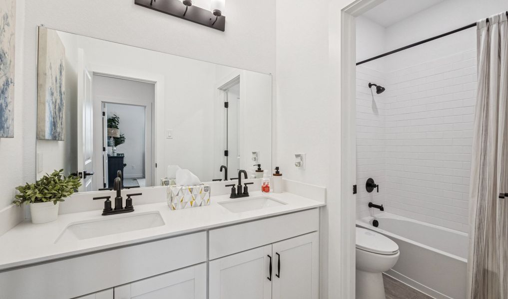 Hall bath with matte black accents Hall bath with matte black accents
