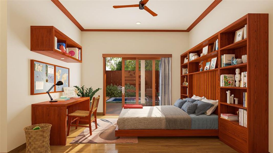 Bedroom featuring light wood finished floors, crown molding, access to outside, and ceiling fan