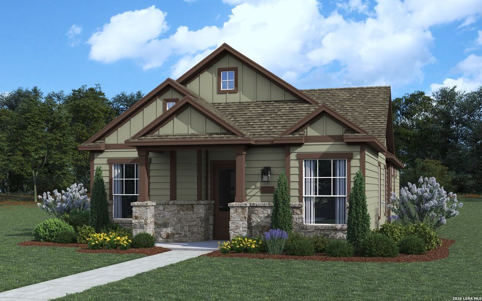 Front exterior of a new home in The Crossvine, Schertz, TX, highlighting curb appeal (Image 1). Front exterior of a new home in The Crossvine, Schertz, TX, highlighting curb appeal (Image 1).