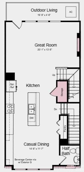 Main Level Floor Plan - Additional Highlights Include: Ledge at primary shower, storage on 2nd floor, upgraded cabinet hardware, single bowl sink at kitchen, trash rollout, quick tread wood stairs from 1st to 2nd floor with open railing and wood spindles, and Revwood floors at 2nd level