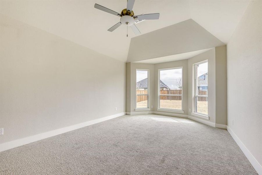 Carpeted spare room featuring a ceiling fan and lofted ceiling