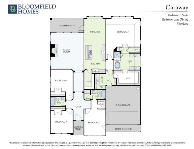 Bloomfield Homes Caraway floor plan showing 4 bedrooms, kitchen, family room, 2-car garage, and covered patio.