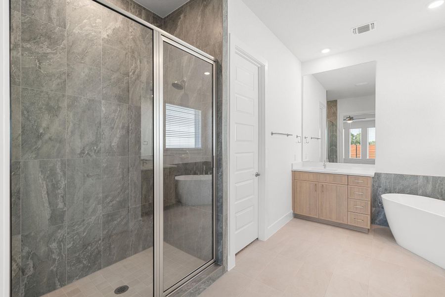 Luxurious bathing quarters with a spacious glass-enclosed shower and a separate soaking tub.