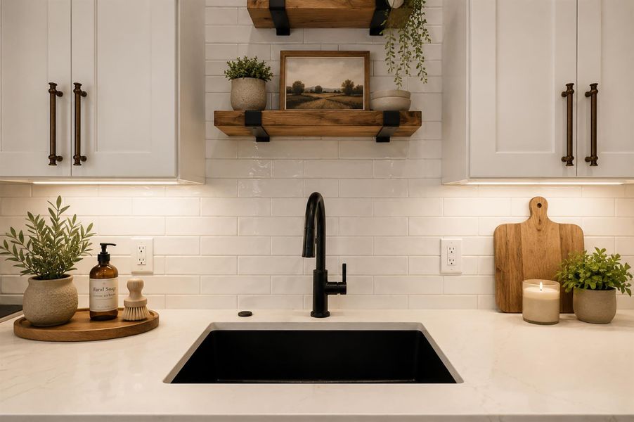 Crisp subway tile backsplash pairs beautifully with quartz countertops and a modern undermount sink.Virtual Staging Crisp subway tile backsplash pairs beautifully with quartz countertops and a modern undermount sink.Virtual Staging