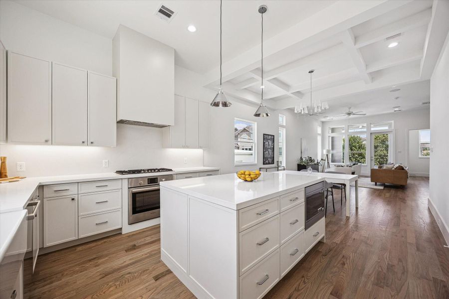 Chef's kitchen featuring oversized island, quartz countertops, abundant cabinetry and premium finishes.