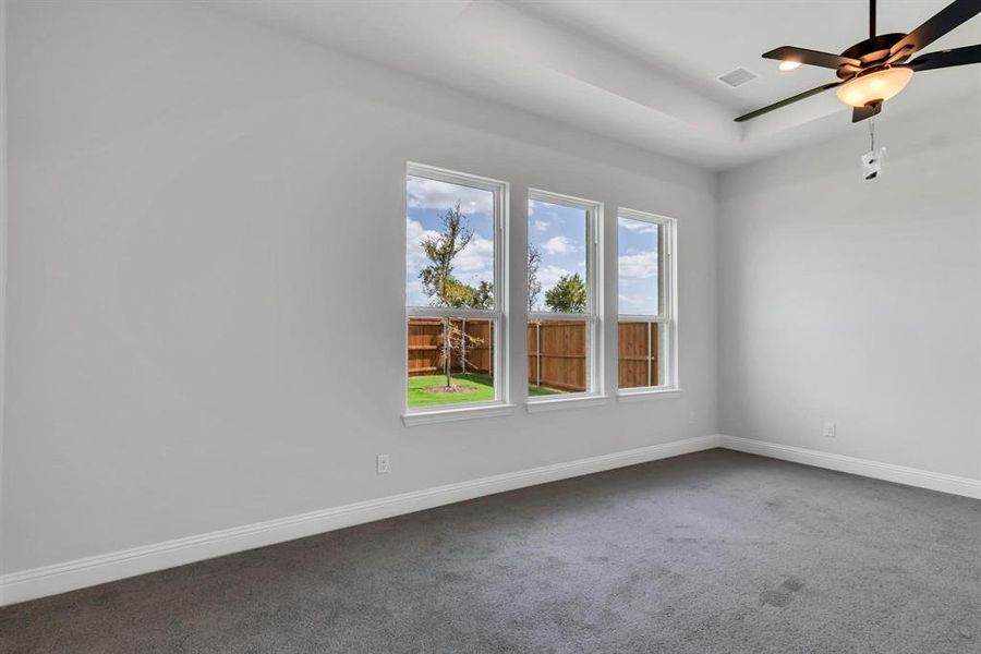 Spare room with carpet flooring, a tray ceiling, and ceiling fan