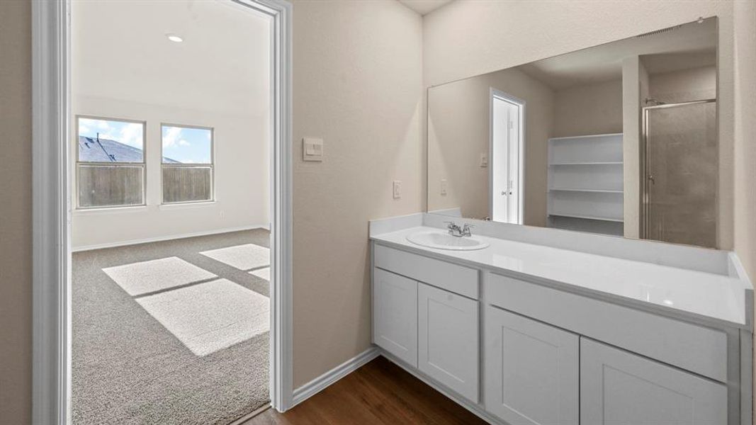 Bathroom with vanity, a stall shower, and dark wood finished floors