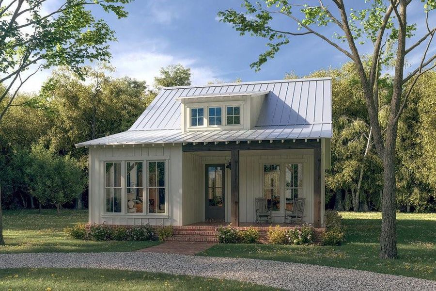 Modern inspired farmhouse with a porch, a standing seam roof, a front lawn, and metal roof Modern inspired farmhouse with a porch, a standing seam roof, a front lawn, and metal roof