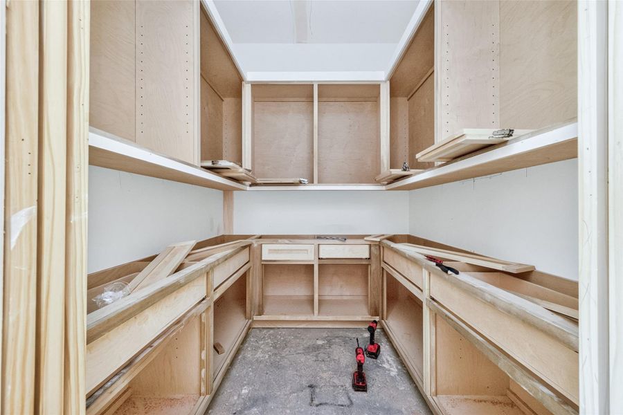 Walk-in pantry with an abundance of cabinet and counter space.