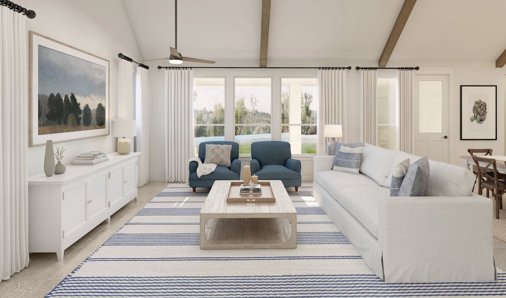 Great room with vaulted ceiling and stained ceiling beams Great room with vaulted ceiling and stained ceiling beams