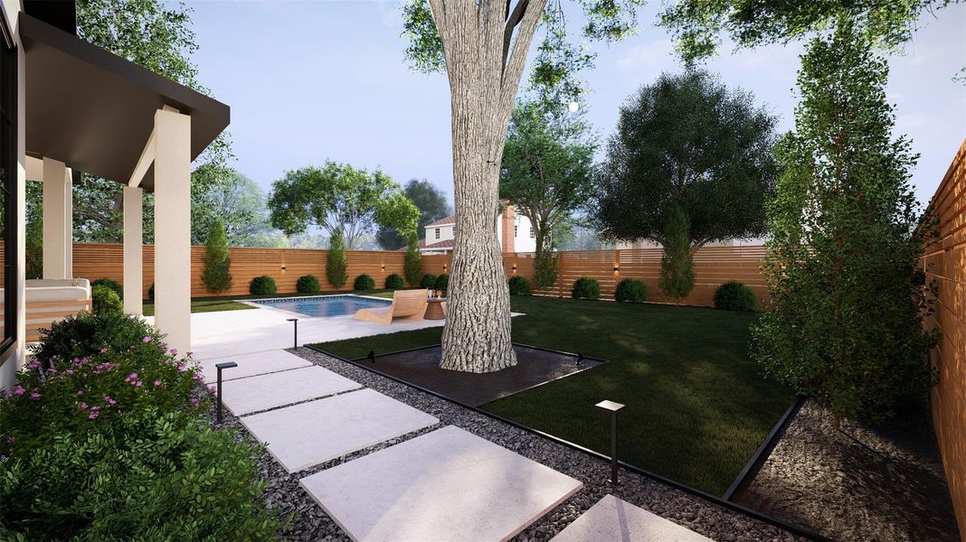An inviting backyard oasis offers a sparkling pool, generous lawn space, and mature trees for ultimate relaxation.