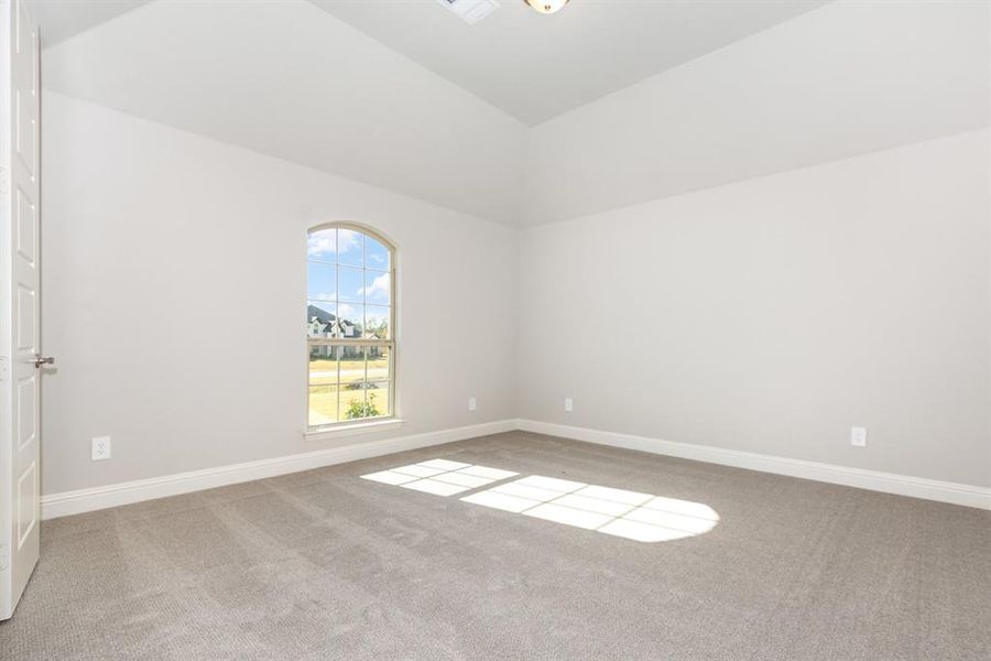Unfurnished room with light colored carpet and lofted ceiling