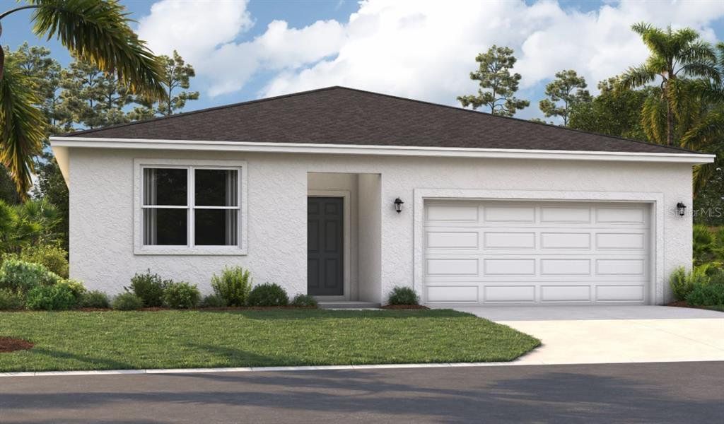 Front exterior of a new home in Covered Bridge at Liberty Bluff, Haines City, FL, highlighting curb appeal (Image 1).