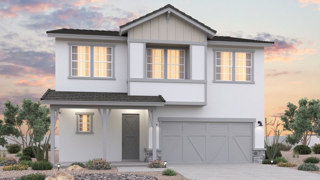 Representative exterior photo of a completed home built from the Lavender by Brightland Homes in Teravalis, Buckeye, AZ (Image 2). Representative exterior photo of a completed home built from the Lavender by Brightland Homes in Teravalis, Buckeye, AZ (Image 2).