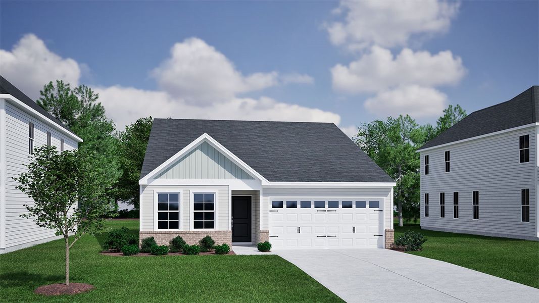Representative exterior photo of a completed home built from the Lawrence - Genesis Value Collection by Mungo Homes in Fairway Woods at Wyboo, Manning, SC (Image 2).