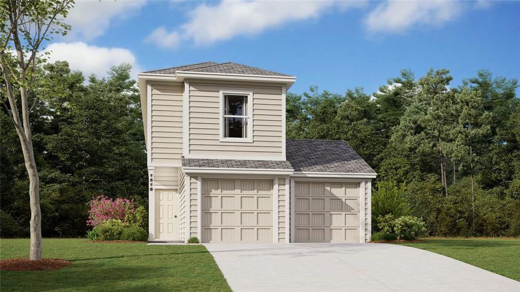 View of front facade with a garage and a front lawn