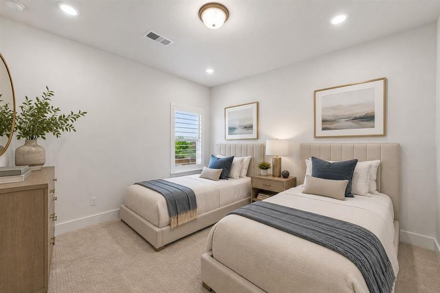 Virtual staging Recessed lighting and a central ceiling light fixture illuminate this room with light-toned wall paint