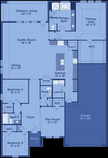 2D floor plan layout for the Dawson by UnionMain Homes in Edgewater, Fate, TX (Image 5). 2D floor plan layout for the Dawson by UnionMain Homes in Edgewater, Fate, TX (Image 5).
