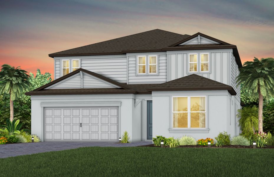 Front exterior of a new home in Spencer Glen, Riverview, FL, highlighting curb appeal (Image 1).