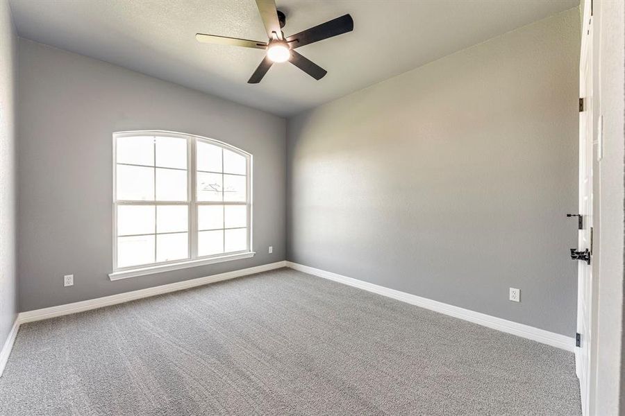 Unfurnished room with ceiling fan and carpet