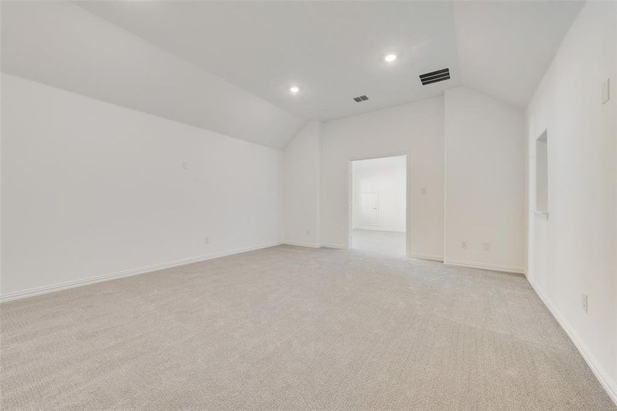 Empty room featuring light colored carpet and lofted ceiling