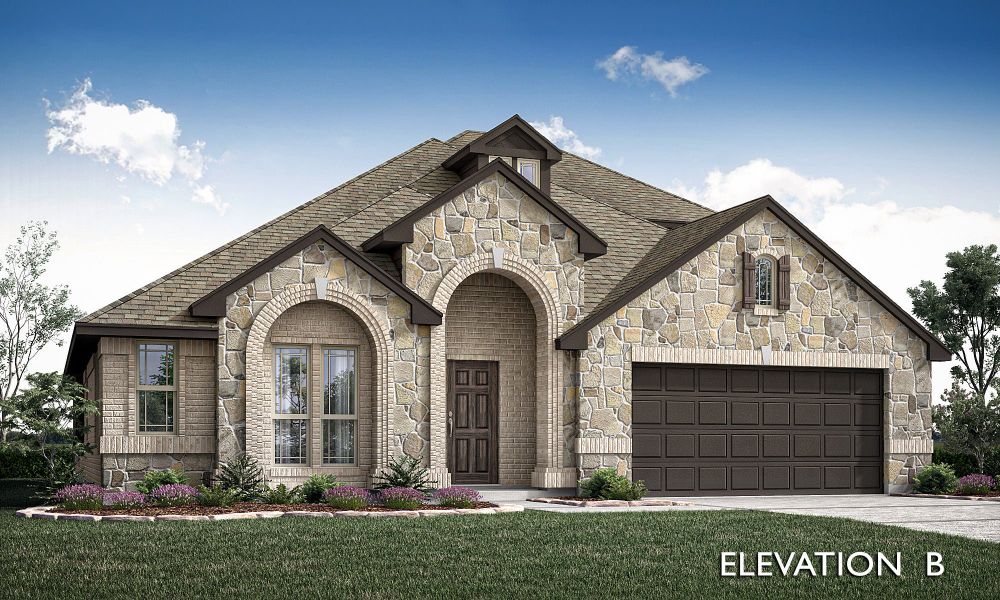 Single-story home with stone and brick exterior, arched entry, and two-car garage, Elevation B rendering