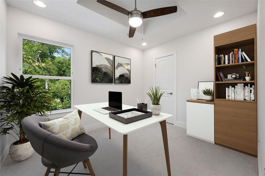 The two extra rooms offer endless possibilities, this one is staged as a productive office.