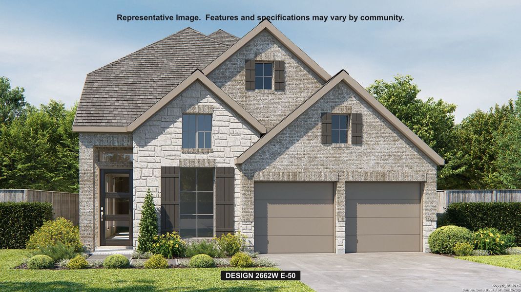 Front exterior of a new home in Homestead 55', Schertz, TX, highlighting curb appeal (Image 1).