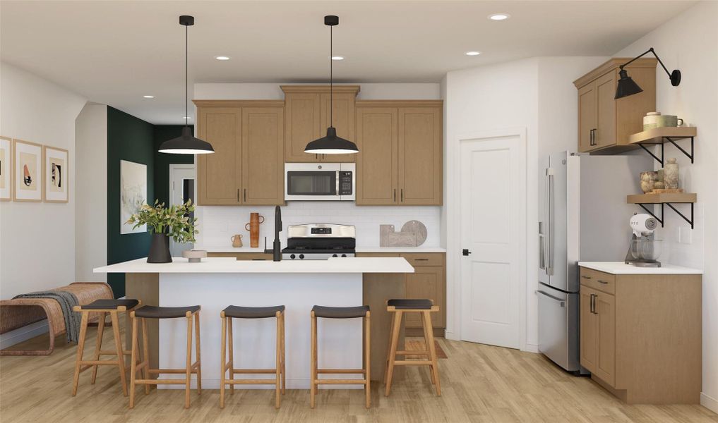 Lovely kitchen with chestnut brown cabinets and quartz countertops (*Artist rendering used for illustration purposes only.) Lovely kitchen with chestnut brown cabinets and quartz countertops (*Artist rendering used for illustration purposes only.)