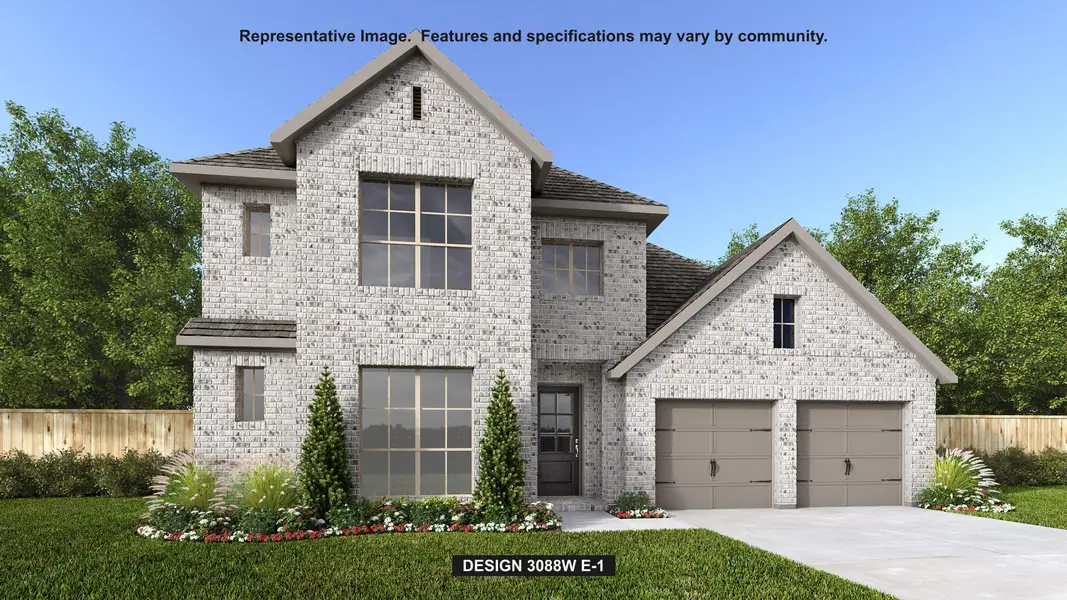 Front exterior of a new home in Lariat 60', Liberty Hill, TX, highlighting curb appeal (Image 1).