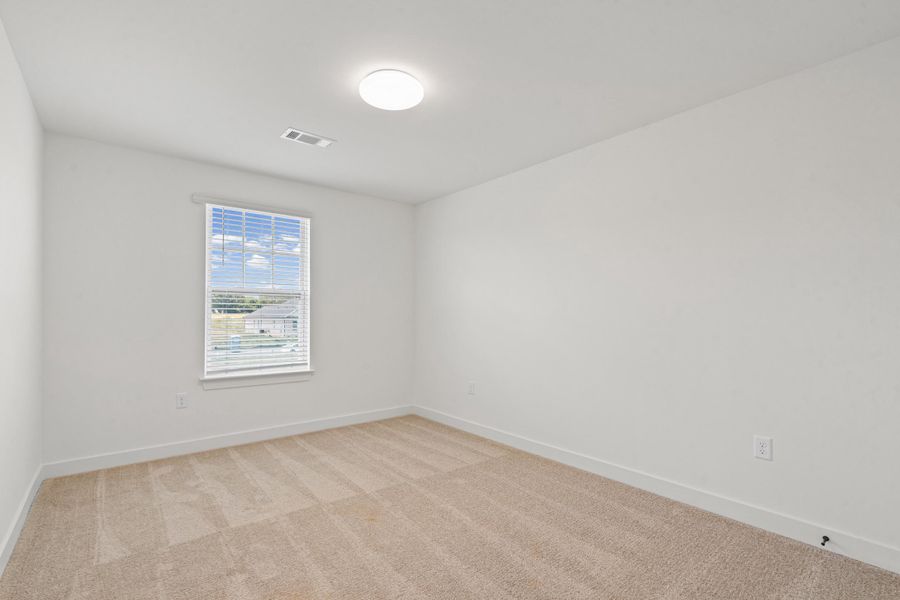 Neutral wall colors, carpet flooring, window with blinds, and ceiling-mounted light fixture