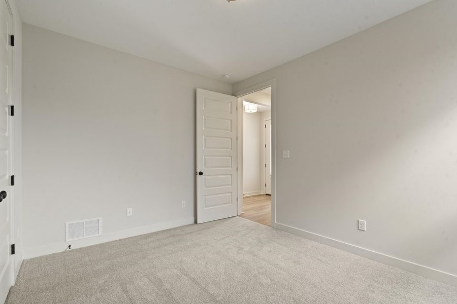 Light gray wall paint, plush carpeting, white trim, five-panel interior door, and black door hardware Light gray wall paint, plush carpeting, white trim, five-panel interior door, and black door hardware