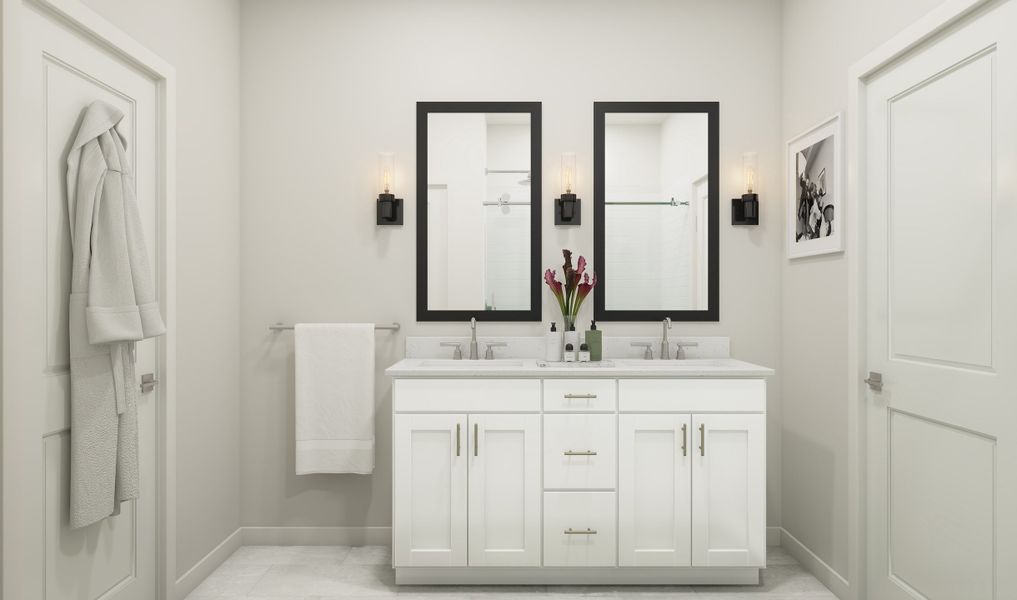 Primary bath with white vanity and black-framed mirrors