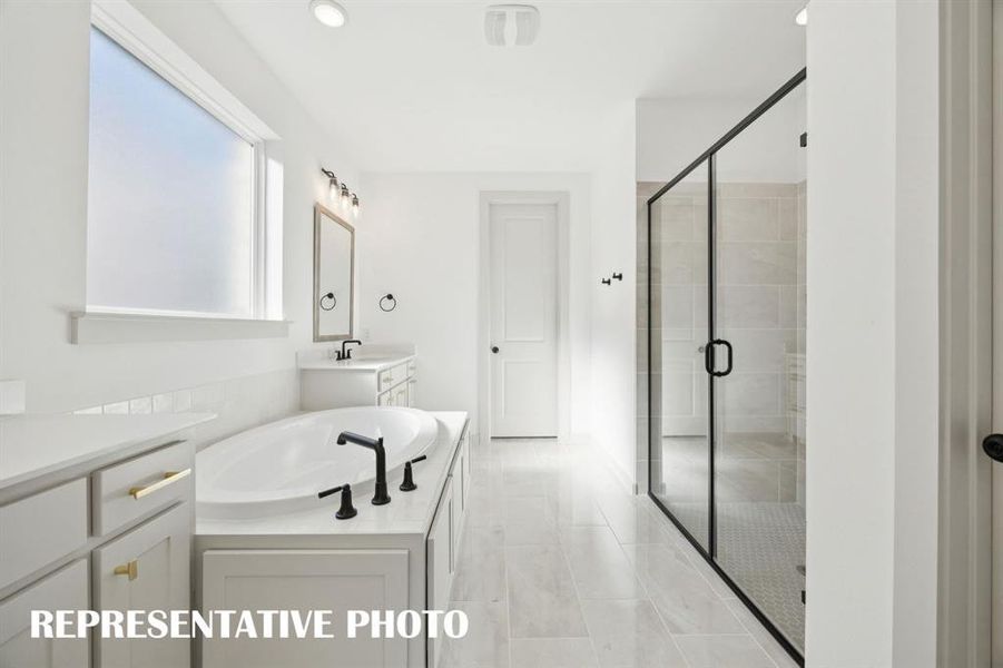 Whether it's soaking your cares away or indulging in a long, luxurious shower, this owner's bath has it all!  REPRESENTATIVE PHOTO