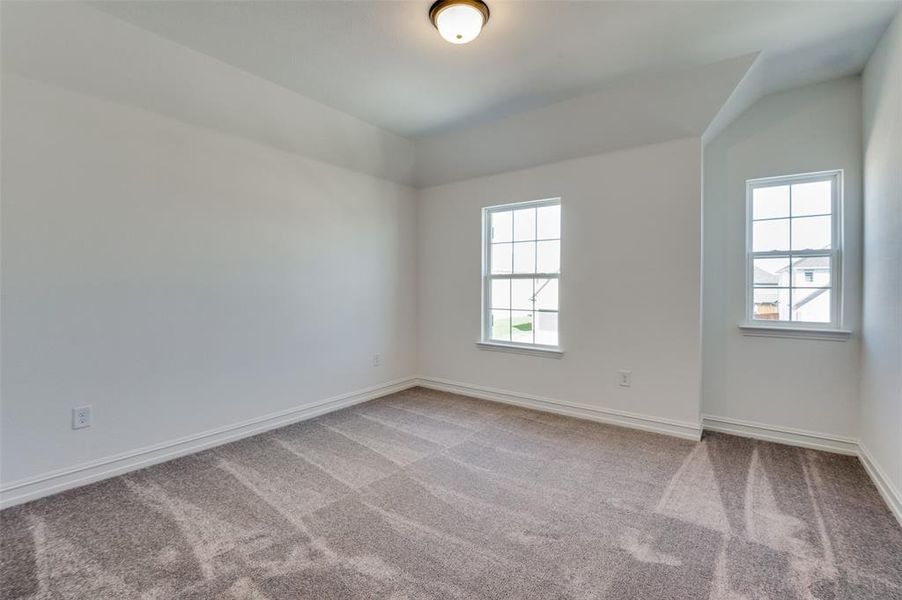 Carpeted spare room featuring vaulted ceiling and plenty of natural light