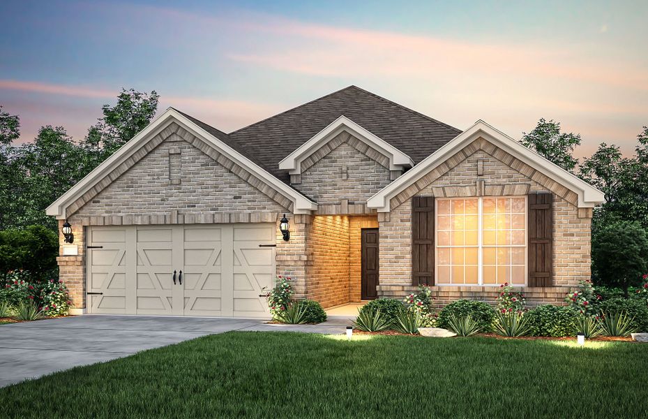 Exterior A of the Mckinney, a one-story home with 2-car garage and shutters