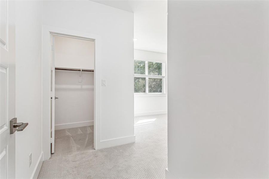 Hall with light carpet and baseboards