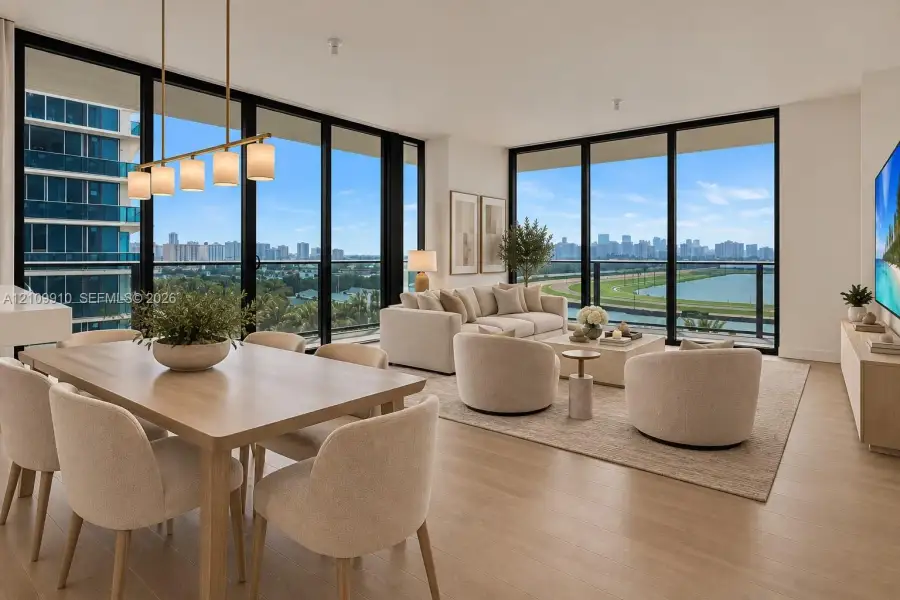 Floor-to-ceiling windows, wood-finish flooring, linear pendant lighting, and private balcony access