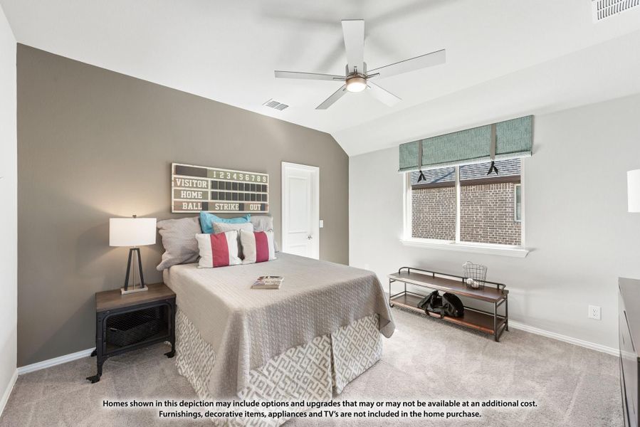 Bedroom with vaulted ceiling, ceiling fan, carpet flooring, and accent wall with sports scoreboard decor