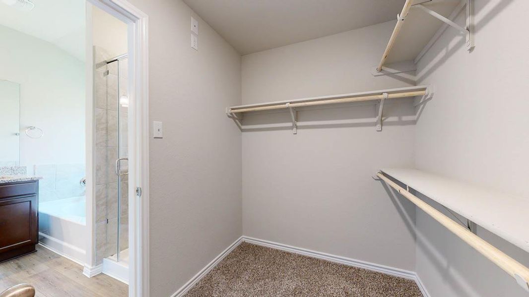 Walk in closet featuring light colored carpet