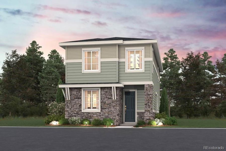 Front exterior of a new home in The Boulevard I Collection at Windler, Aurora, CO, highlighting curb appeal (Image 1).