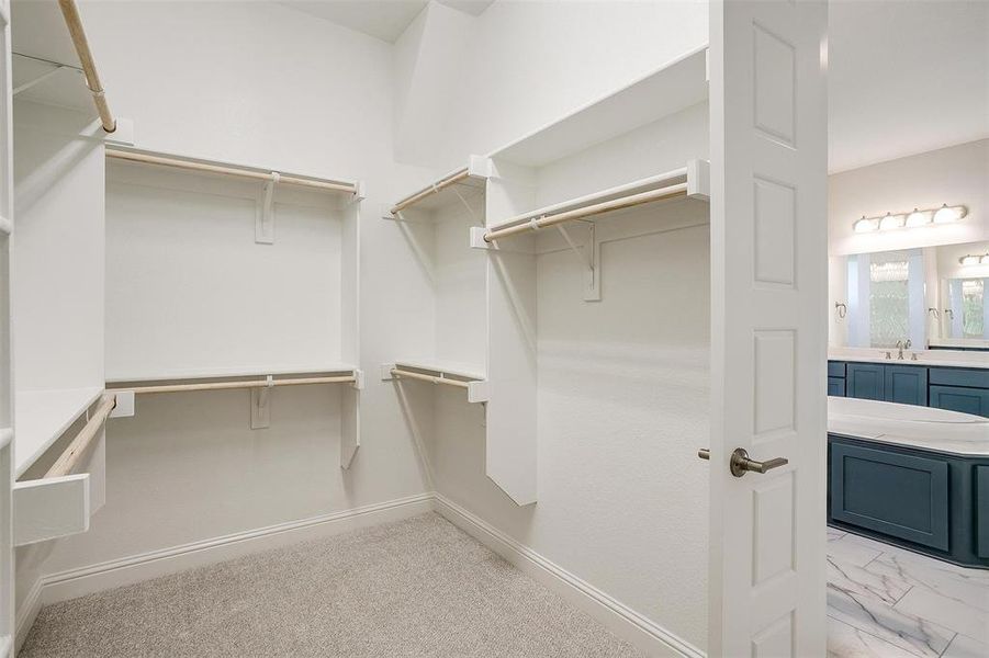 Walk in closet with light colored carpet and sink