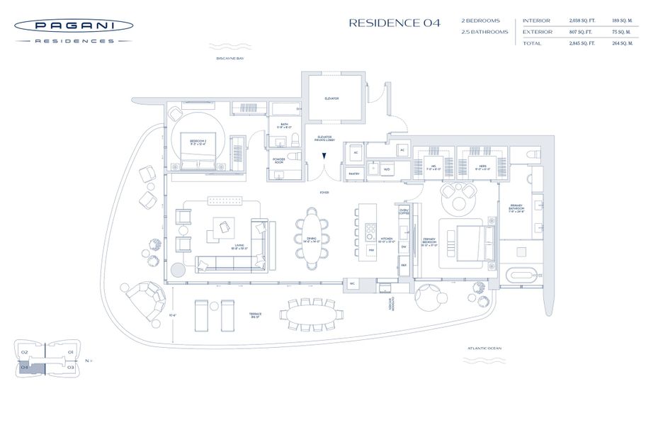 2D floor plan layout for the Residence 04 by Riviera Horizons in Pagani Residences, North Bay Village, FL (Image 1).