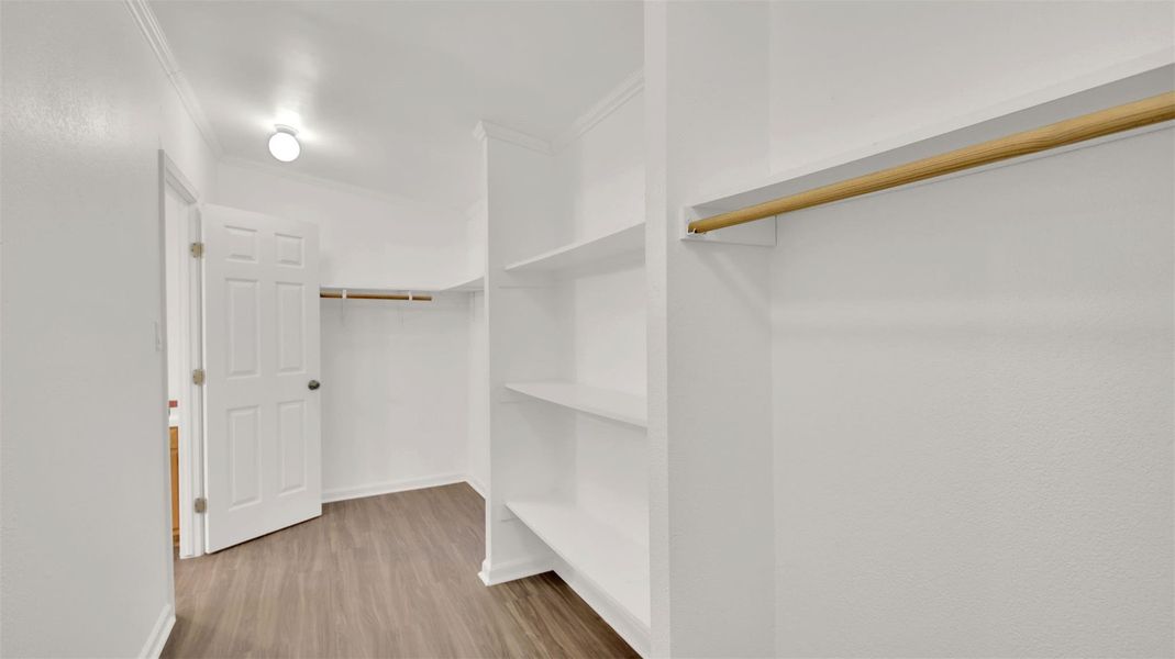 Spacious closet with light wood finished floors