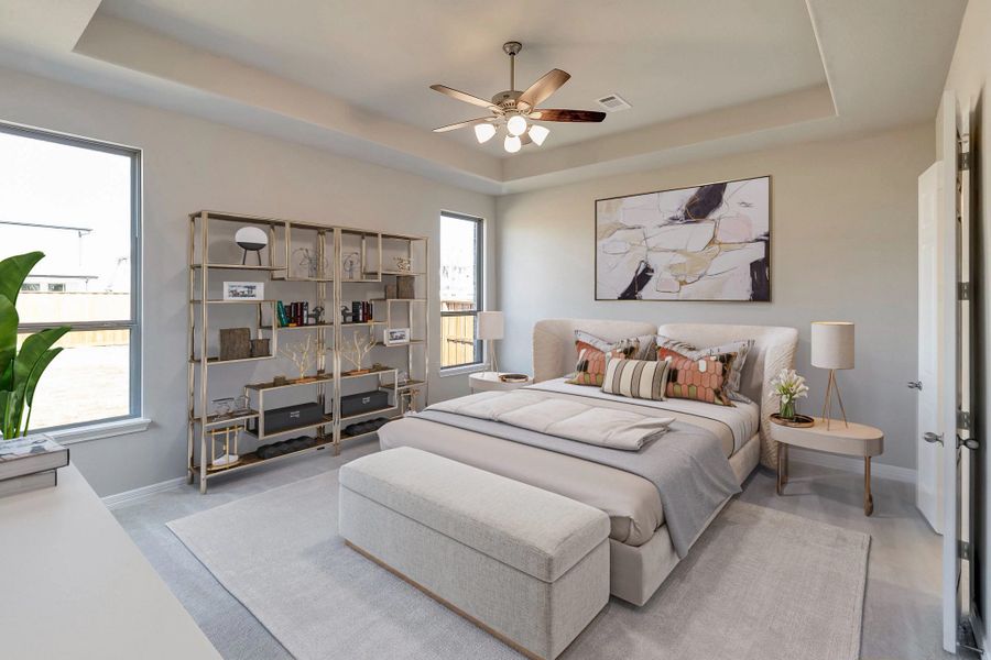 Primary bedroom. Note: Sample product photo - actual exterior and interior selections may vary by homesite