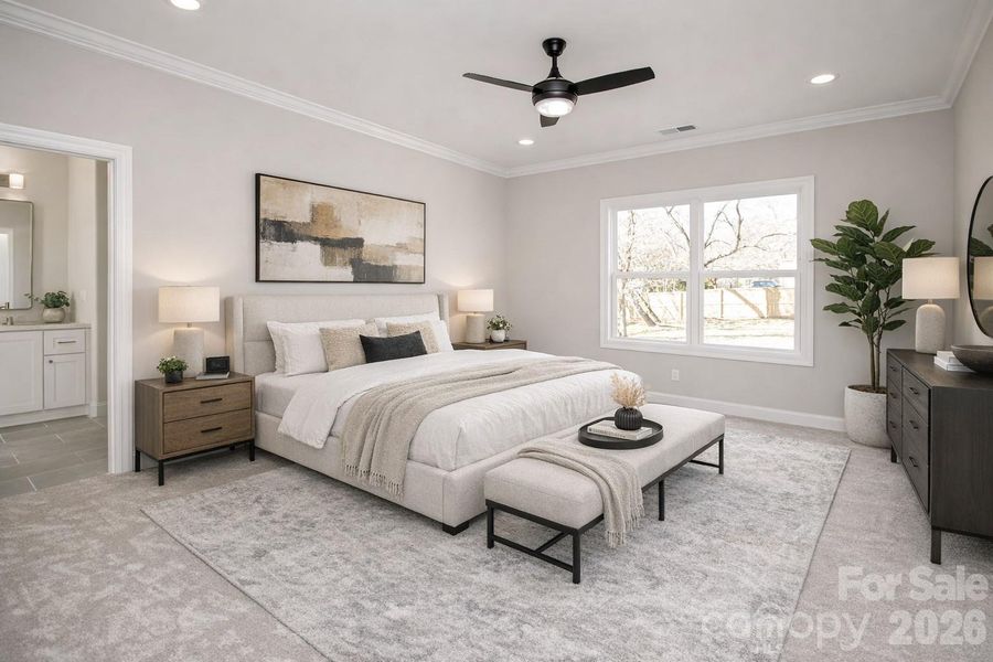 The large primary bedroom boasts recessed lighting, a sleek modern ceiling fan, plush carpet, and abundant windows that provide plenty of natural light.  Picture has been virtual staged