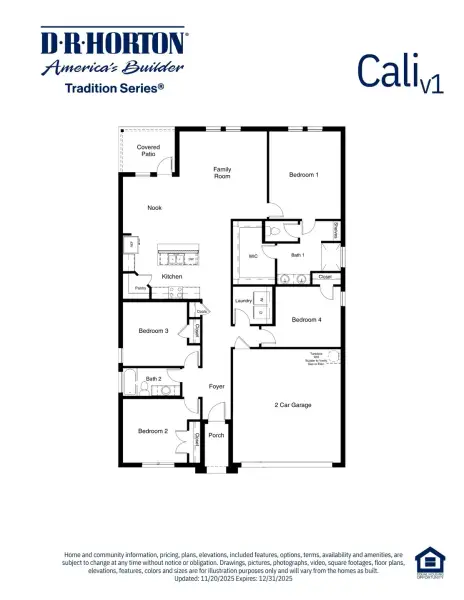 2D floor plan layout for the Cali by D.R. Horton in Shenandoah Ridge, Midland, TX (Image 3).
