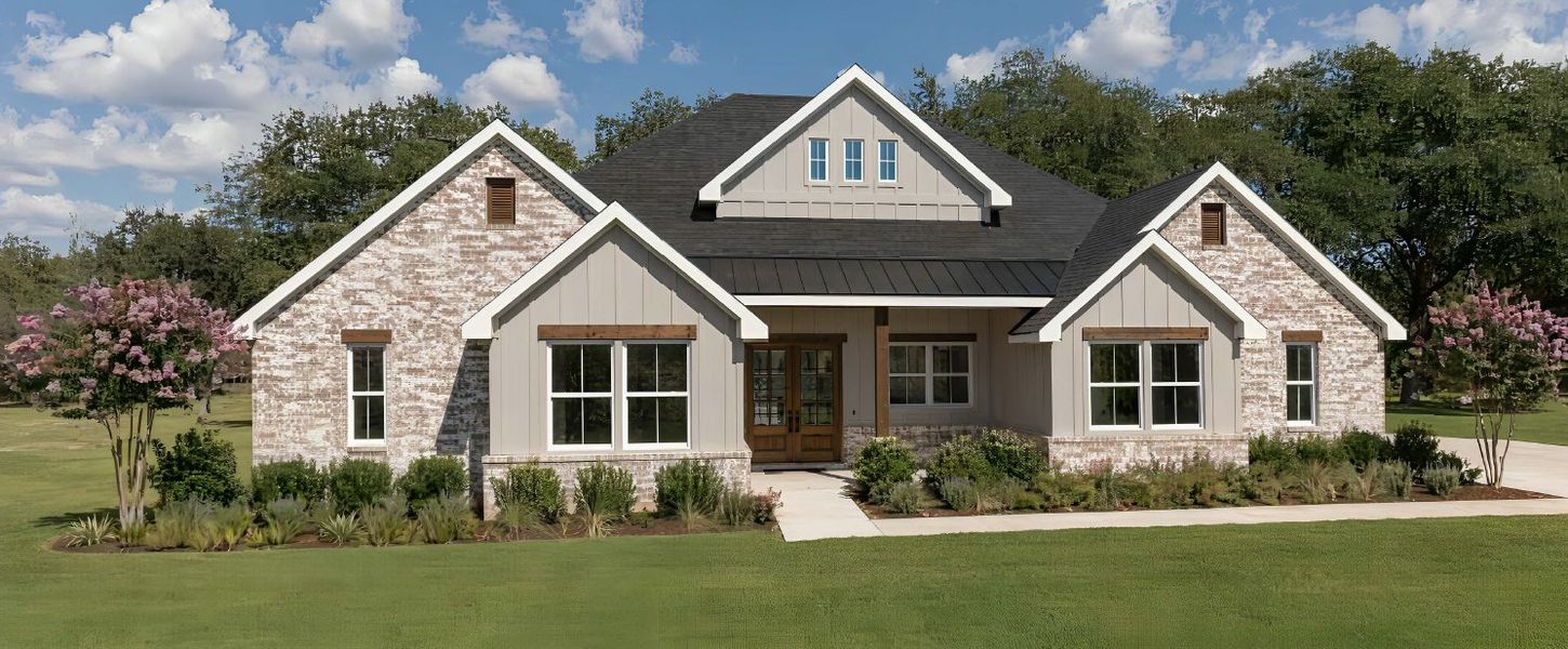 Front exterior of a new home in Harvest Meadows, Bryan, TX, highlighting curb appeal (Image 1). Front exterior of a new home in Harvest Meadows, Bryan, TX, highlighting curb appeal (Image 1).