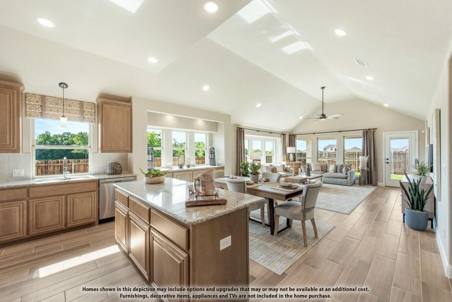 Open-concept kitchen and living area with granite island, vaulted ceiling, and wood-look tile floors